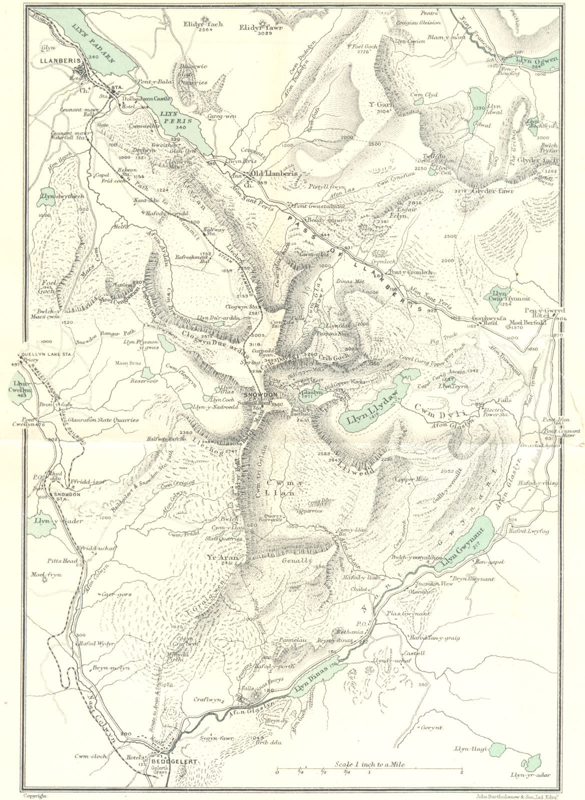 SNOWDON SHOWING PATHS TO SUMMIT. Llanberis. WARD LOCK 1924 old antique map